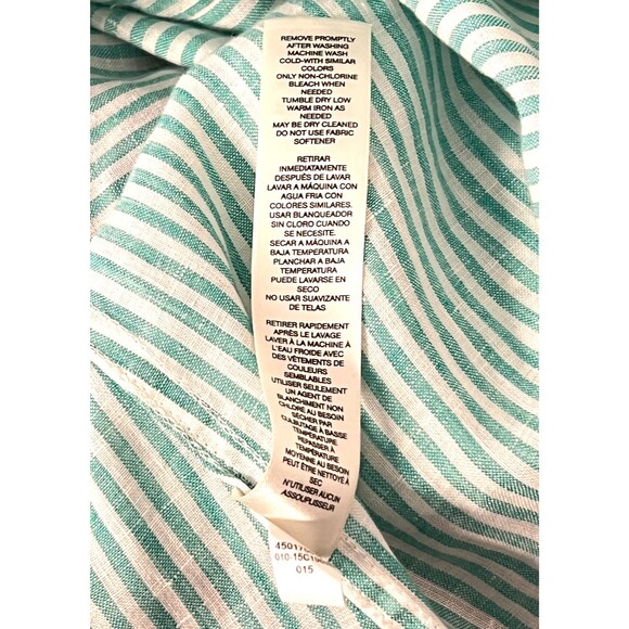 Chico's 100% Linen Shirt Blouse Women's Sz 2 Knot Tie Button Green White Stripe - Picture 9 of 9